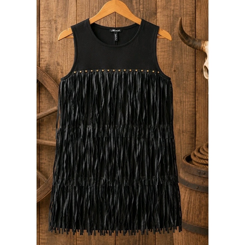 Western Fringe Tunic Mini Dress Womens L Black Faux Leather Tassel Boho Rodeo